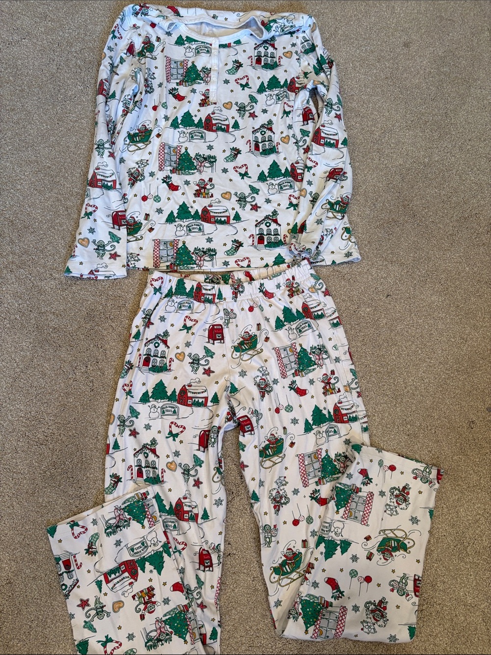 Roller Rabbit White Holiday Pajama Set with Red & Green Print